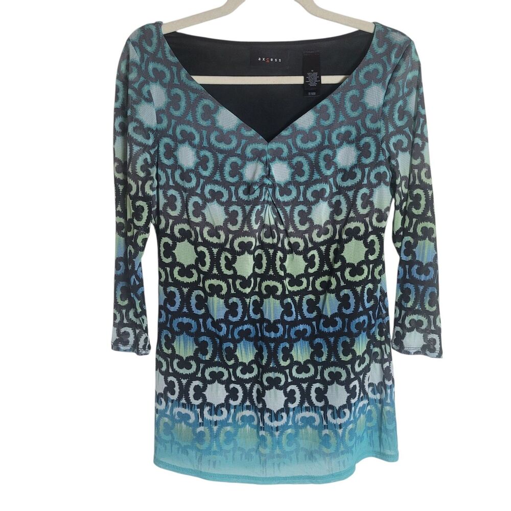 Axcess Y2K 3/4‎ Sleeve Top Women's Medium M Blue Green Geometric Sheer Lined